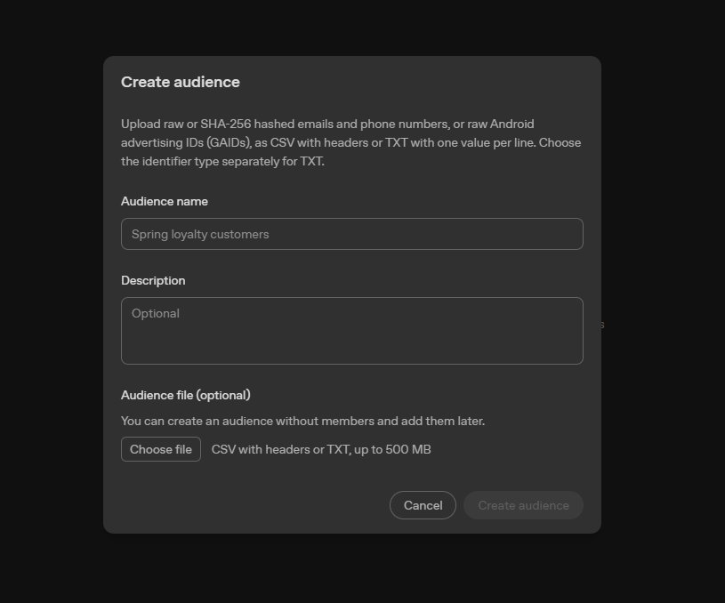 You can create a custom audience in ChatGPT ads manager. Go to Tools, then Audiences and upload your file.