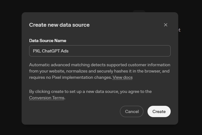 This widget show you how you create a new data source for your conversion tracking in ChatGPT ads manager.